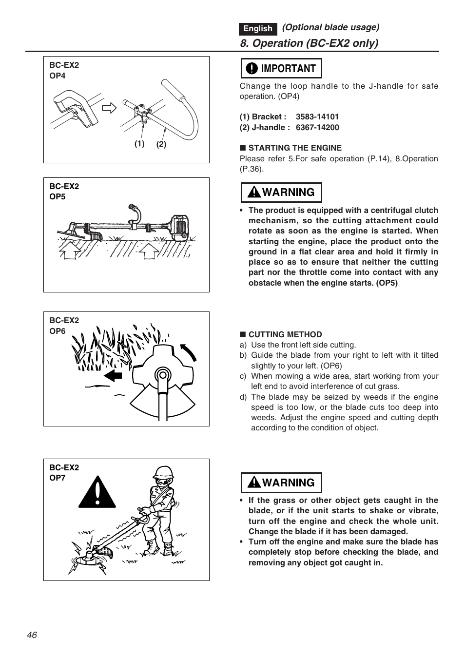 Warning, Warning important, Operation (bc-ex2 only) | RedMax EXZ2401S-PH User Manual | Page 46 / 112