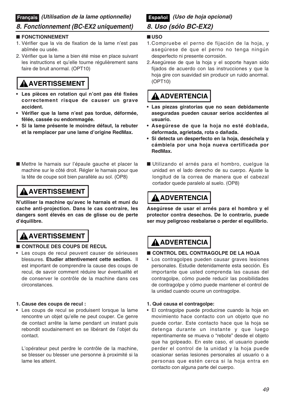Advertencia, Avertissement | RedMax EXZ2401S-PH User Manual | Page 49 / 112