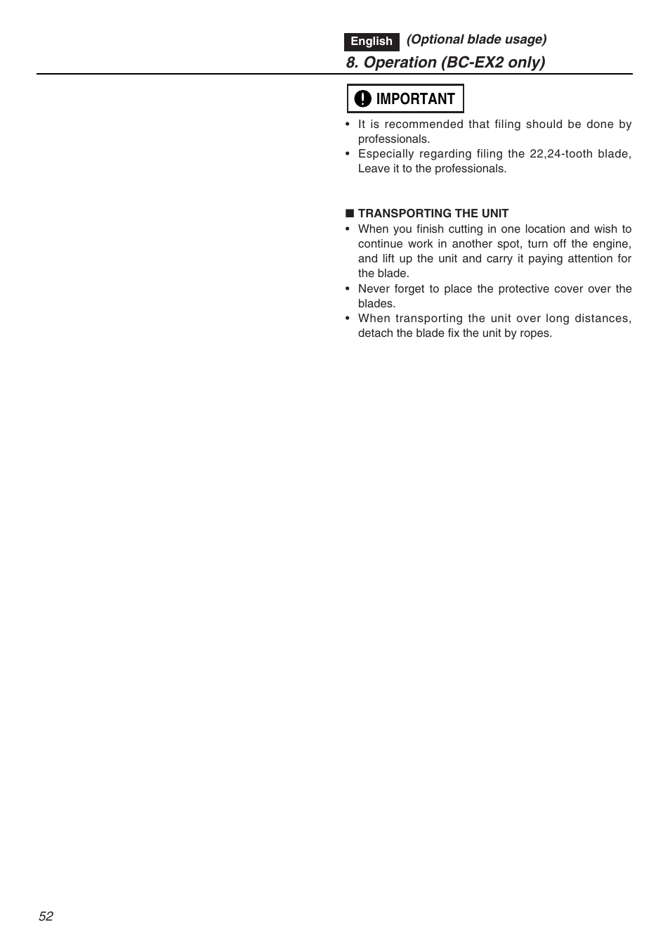 Important 8. operation (bc-ex2 only) | RedMax EXZ2401S-PH User Manual | Page 52 / 112