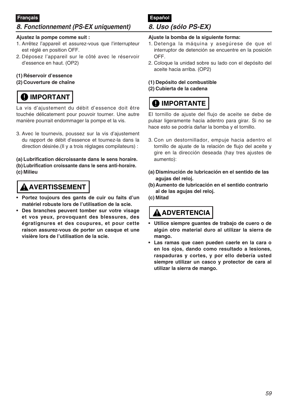 Advertencia importante | RedMax EXZ2401S-PH User Manual | Page 59 / 112