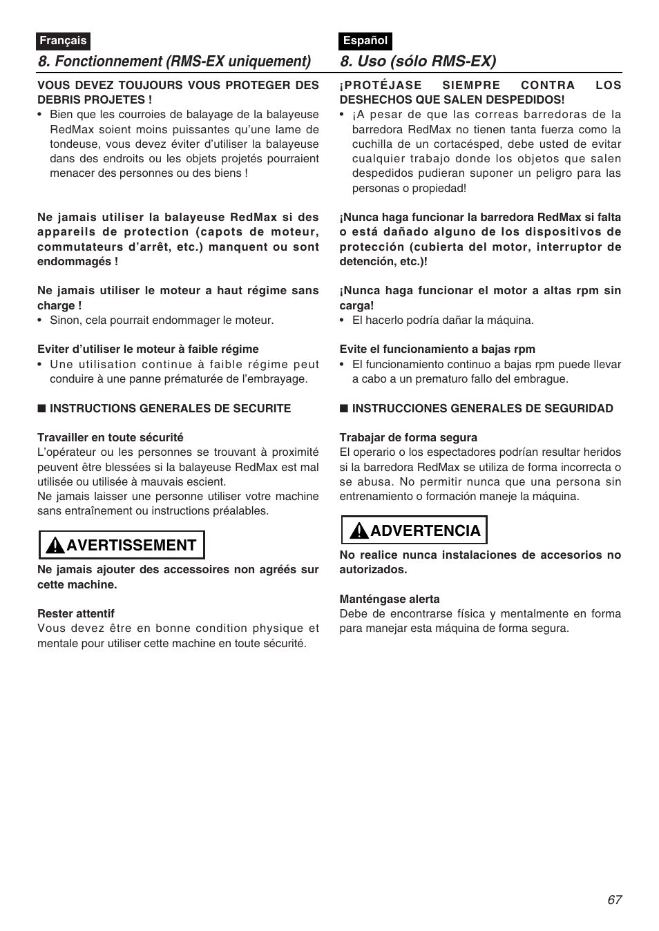 Advertencia | RedMax EXZ2401S-PH User Manual | Page 67 / 112