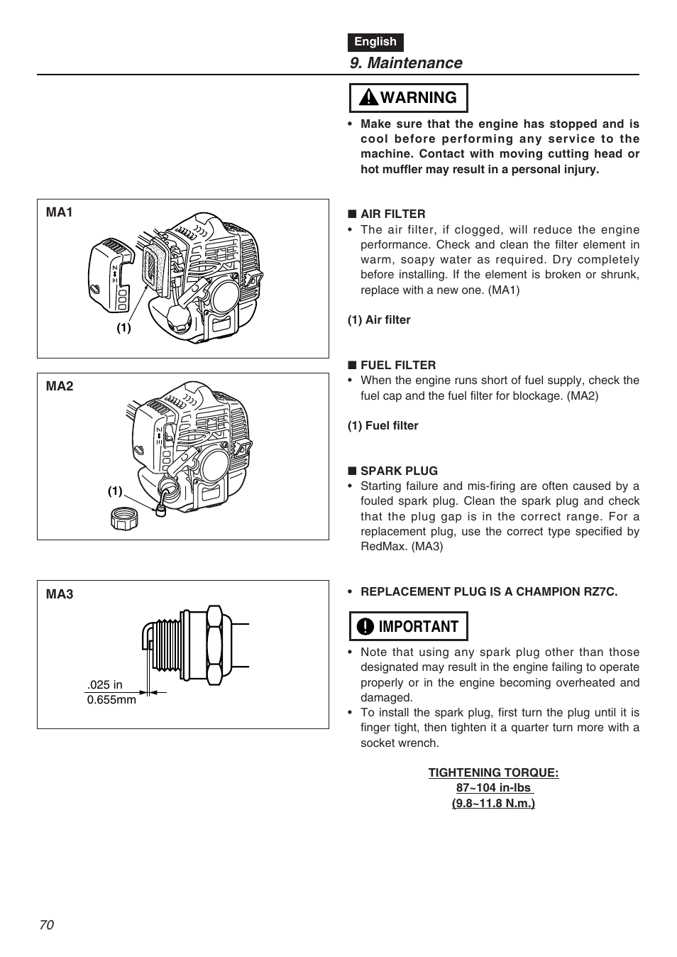 Maintenance, Important warning | RedMax EXZ2401S-PH User Manual | Page 70 / 112