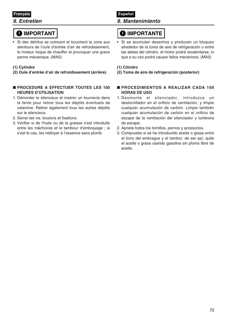 Entretien 9. mantenimiento, Important, Importante | RedMax EXZ2401S-PH User Manual | Page 75 / 112