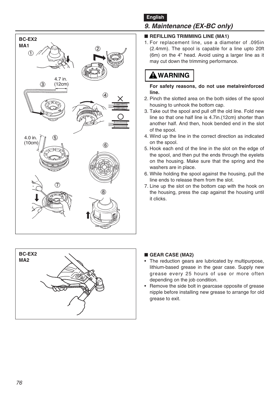 Maintenance (ex-bc only), Warning | RedMax EXZ2401S-PH User Manual | Page 76 / 112