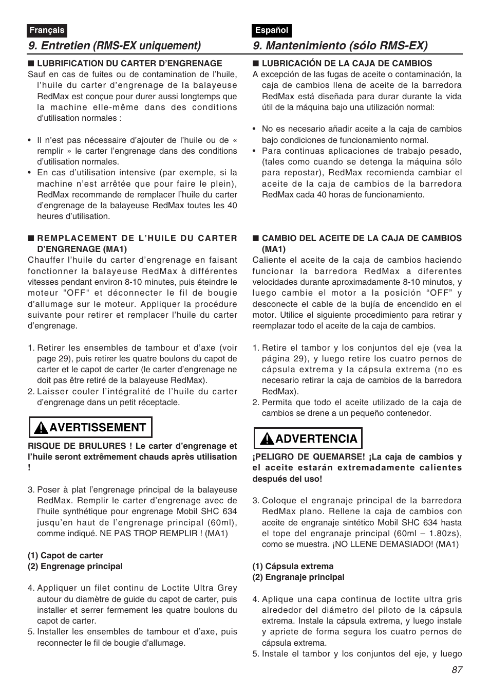 Avertissement, Advertencia | RedMax EXZ2401S-PH User Manual | Page 87 / 112