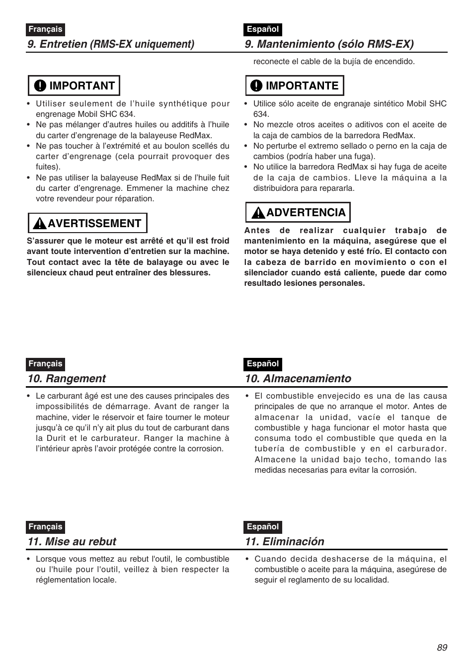 Avertissement important, Advertencia importante, Rangement 10. almacenamiento | Mise au rebut, Eliminación | RedMax EXZ2401S-PH User Manual | Page 89 / 112