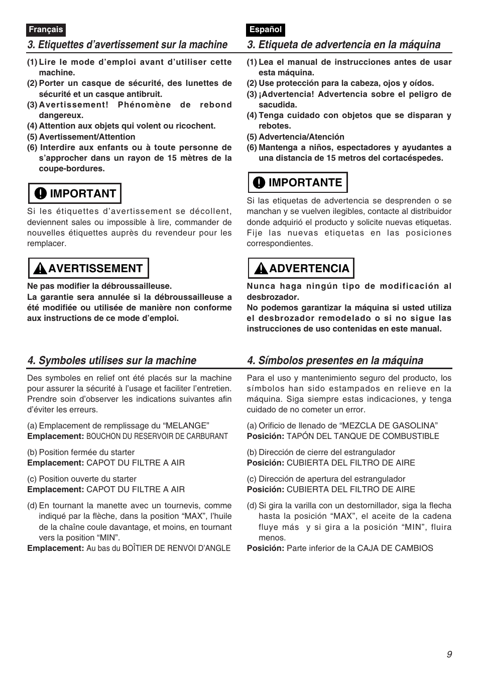 Avertissement important, Advertencia importante | RedMax EXZ2401S-PH User Manual | Page 9 / 112