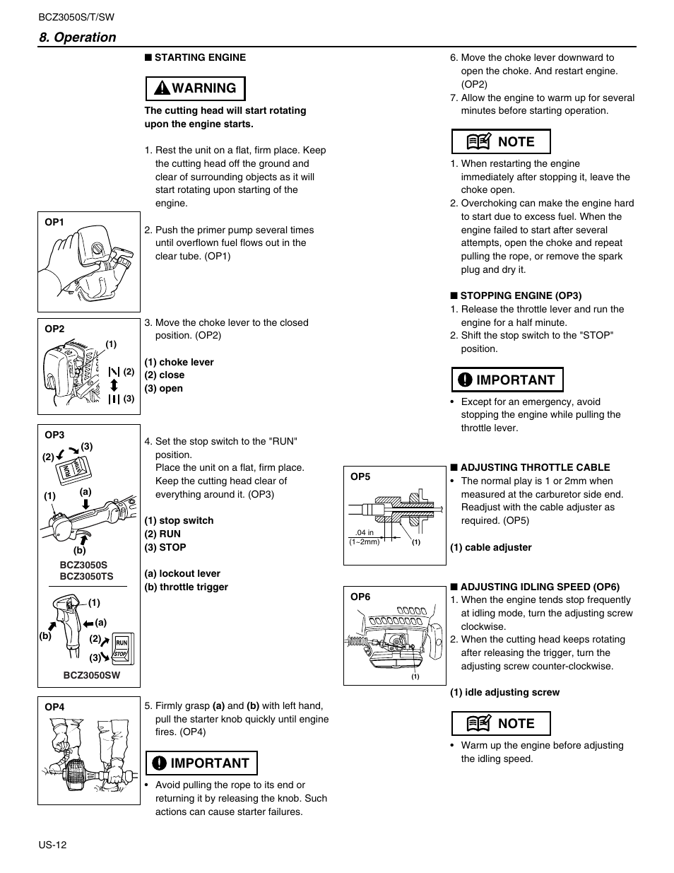 Operation, Important warning | RedMax BCZ3050S User Manual | Page 12 / 23