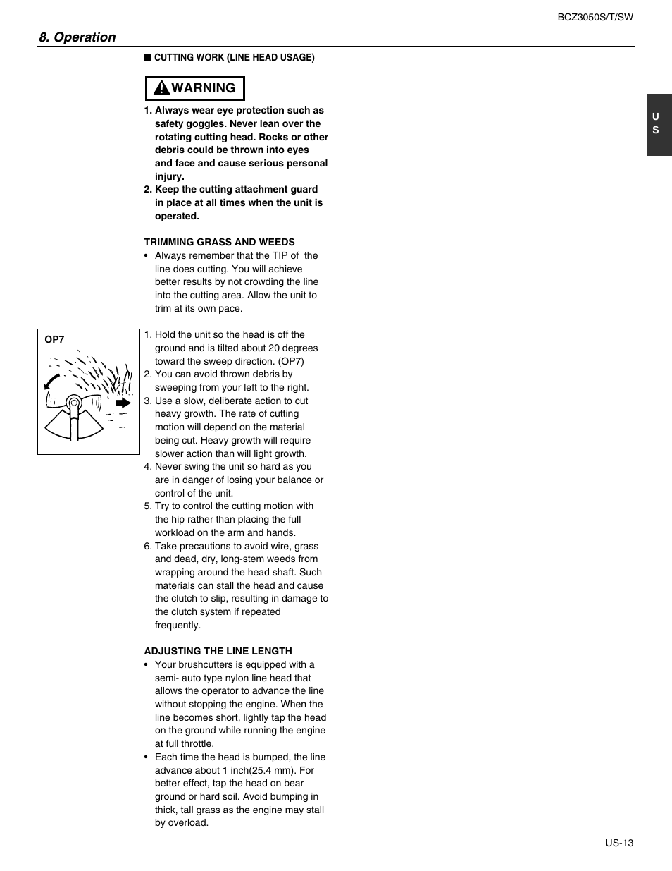 Warning, Operation | RedMax BCZ3050S User Manual | Page 13 / 23