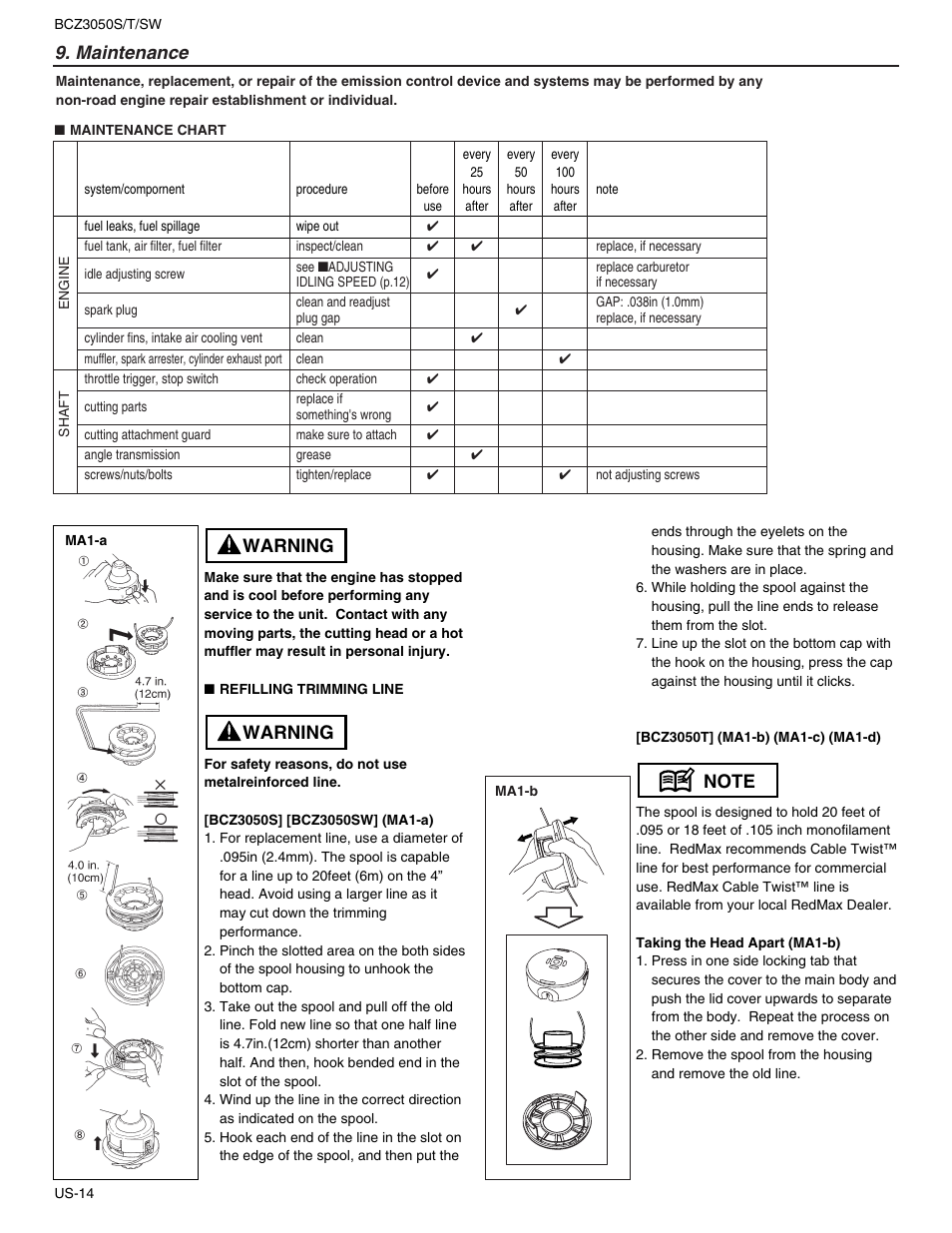 Maintenance, Warning | RedMax BCZ3050S User Manual | Page 14 / 23