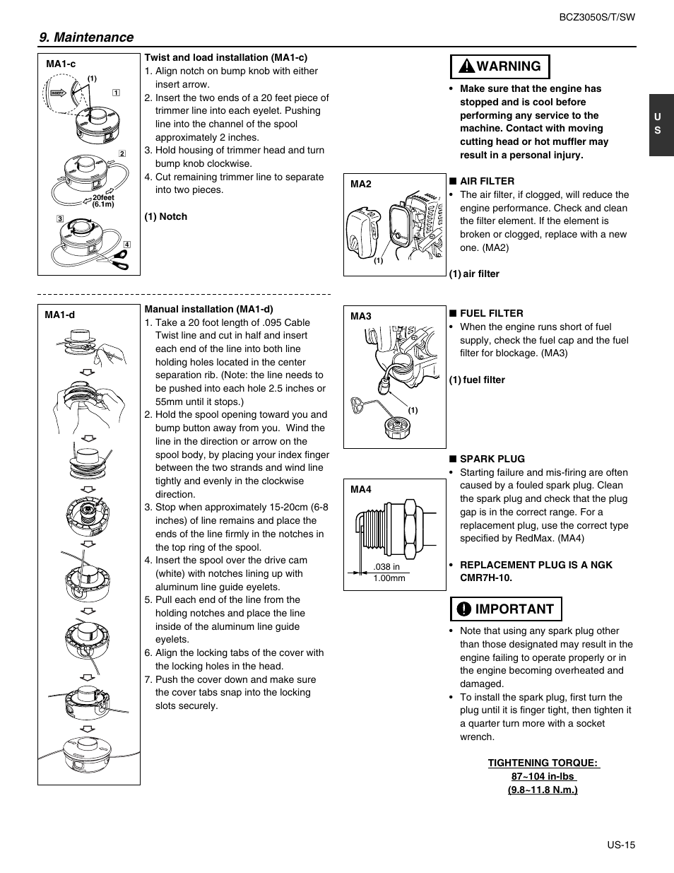 Maintenance, Important warning | RedMax BCZ3050S User Manual | Page 15 / 23