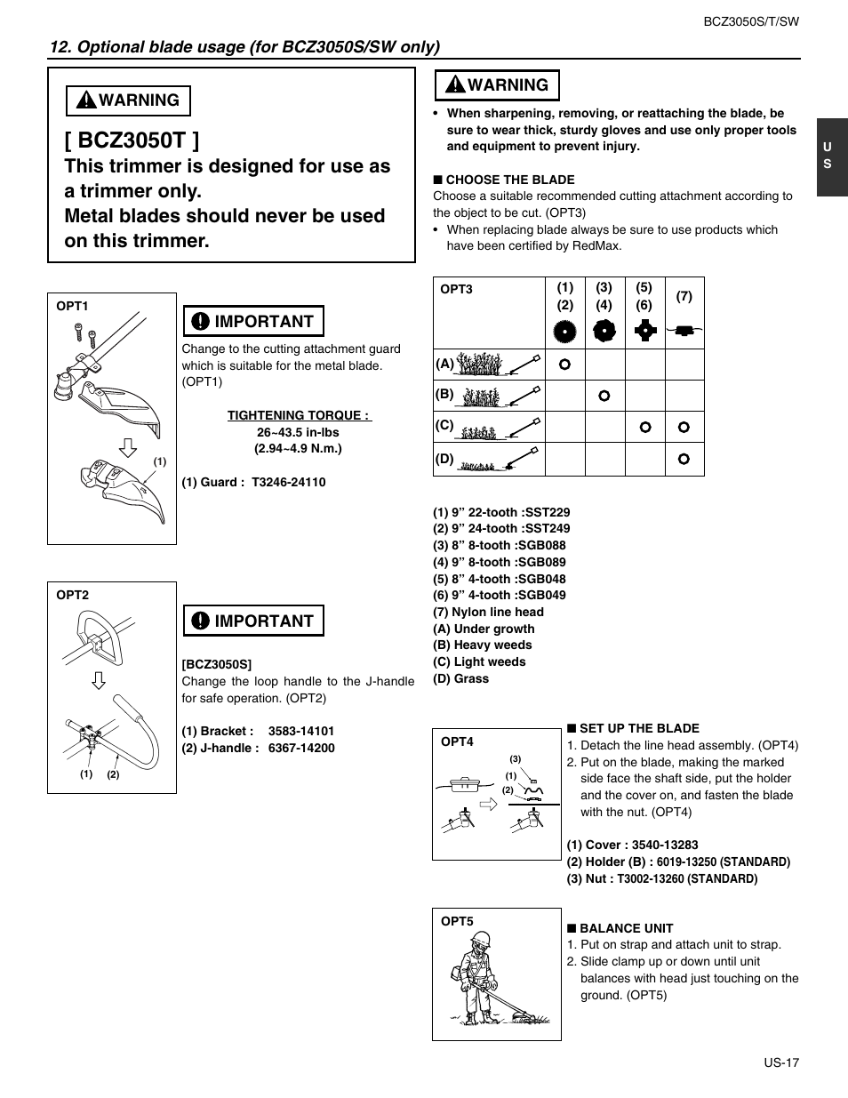 Bcz3050t, Warning, Optional blade usage (for bcz3050s/sw only) | Important | RedMax BCZ3050S User Manual | Page 17 / 23
