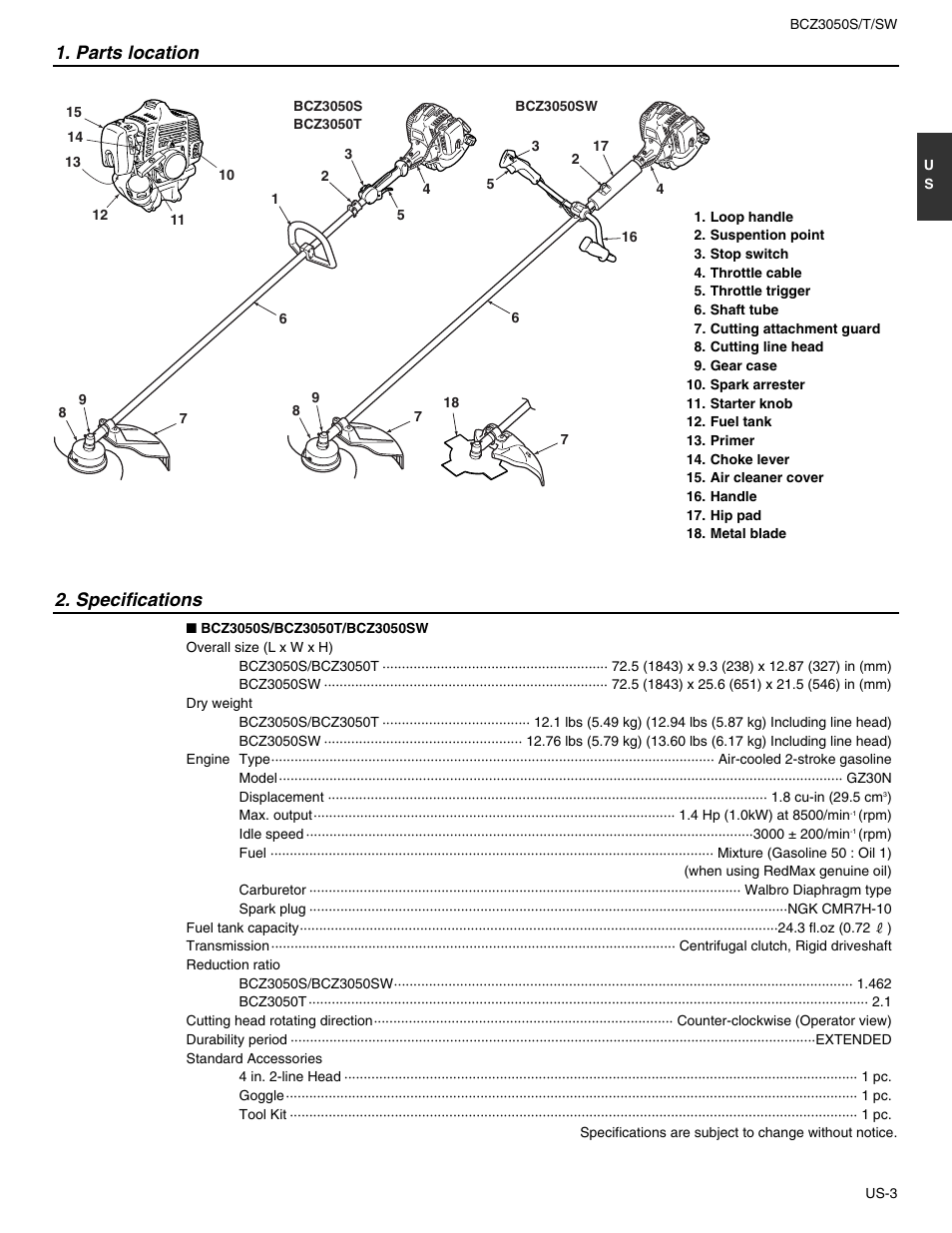 Parts location, Specifications | RedMax BCZ3050S User Manual | Page 3 / 23