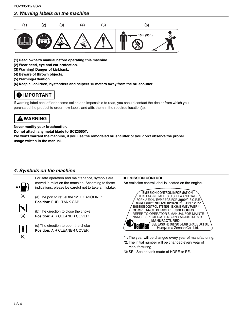 Warning labels on the machine, Warning important 4. symbols on the machine | RedMax BCZ3050S User Manual | Page 4 / 23