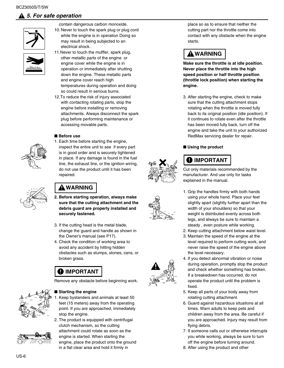 Important warning 5. for safe operation, Important warning | RedMax BCZ3050S User Manual | Page 6 / 23