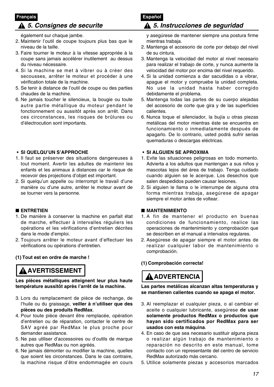 Avertissement | RedMax LRTZ2401-CA User Manual | Page 17 / 56