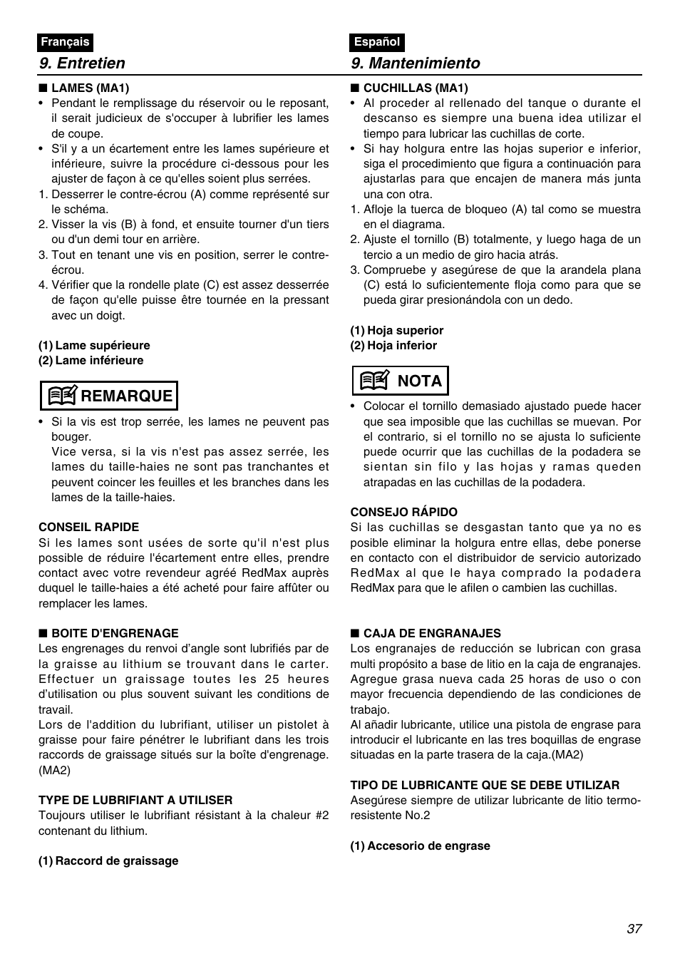 Entretien 9. mantenimiento, Remarque, Nota | RedMax LRTZ2401-CA User Manual | Page 37 / 56