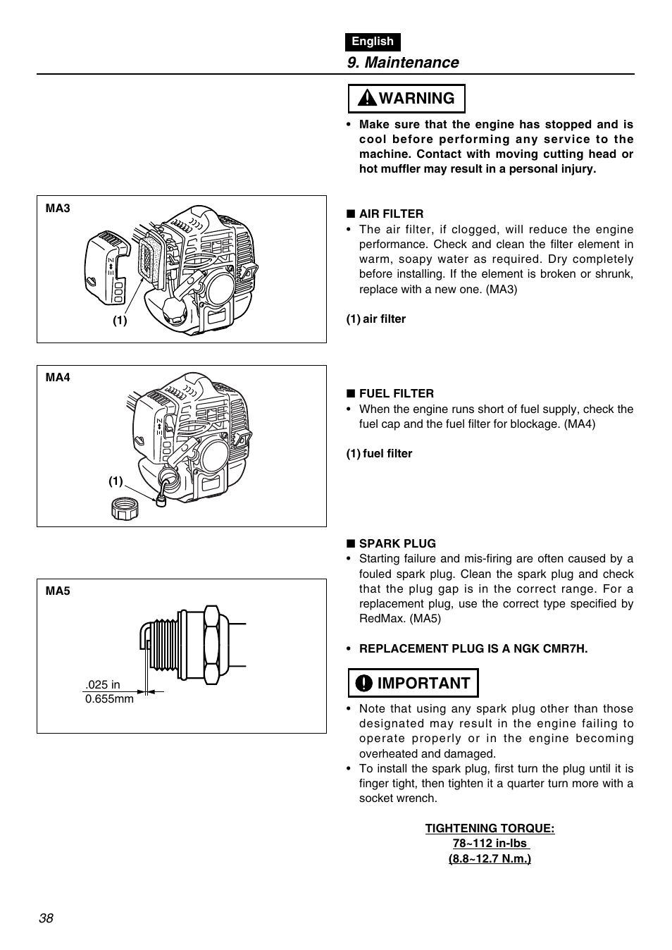 Maintenance, Important warning | RedMax LRTZ2401-CA User Manual | Page 38 / 56