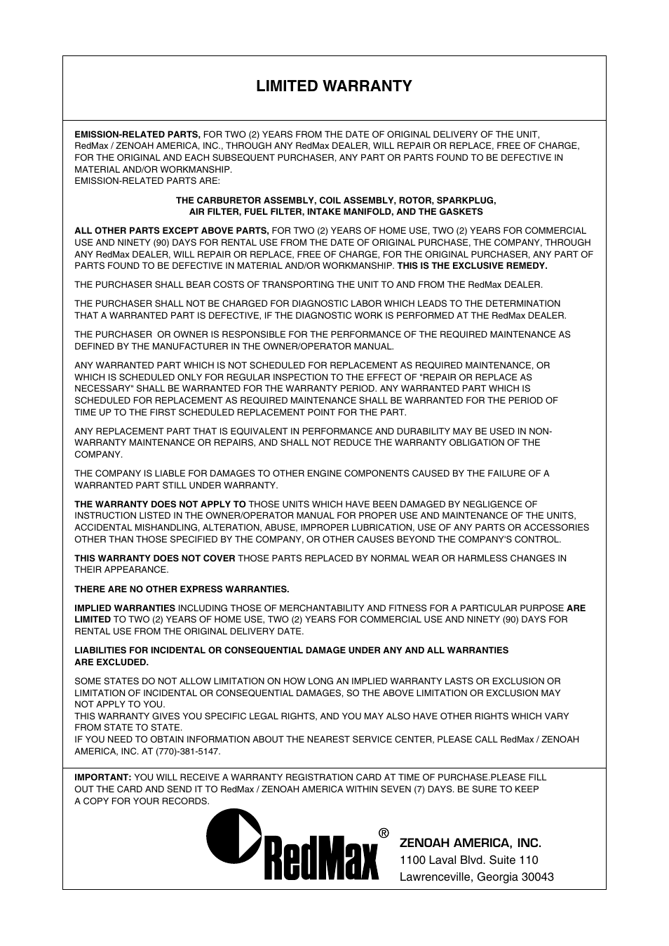 Limited warranty | RedMax LRTZ2401-CA User Manual | Page 53 / 56