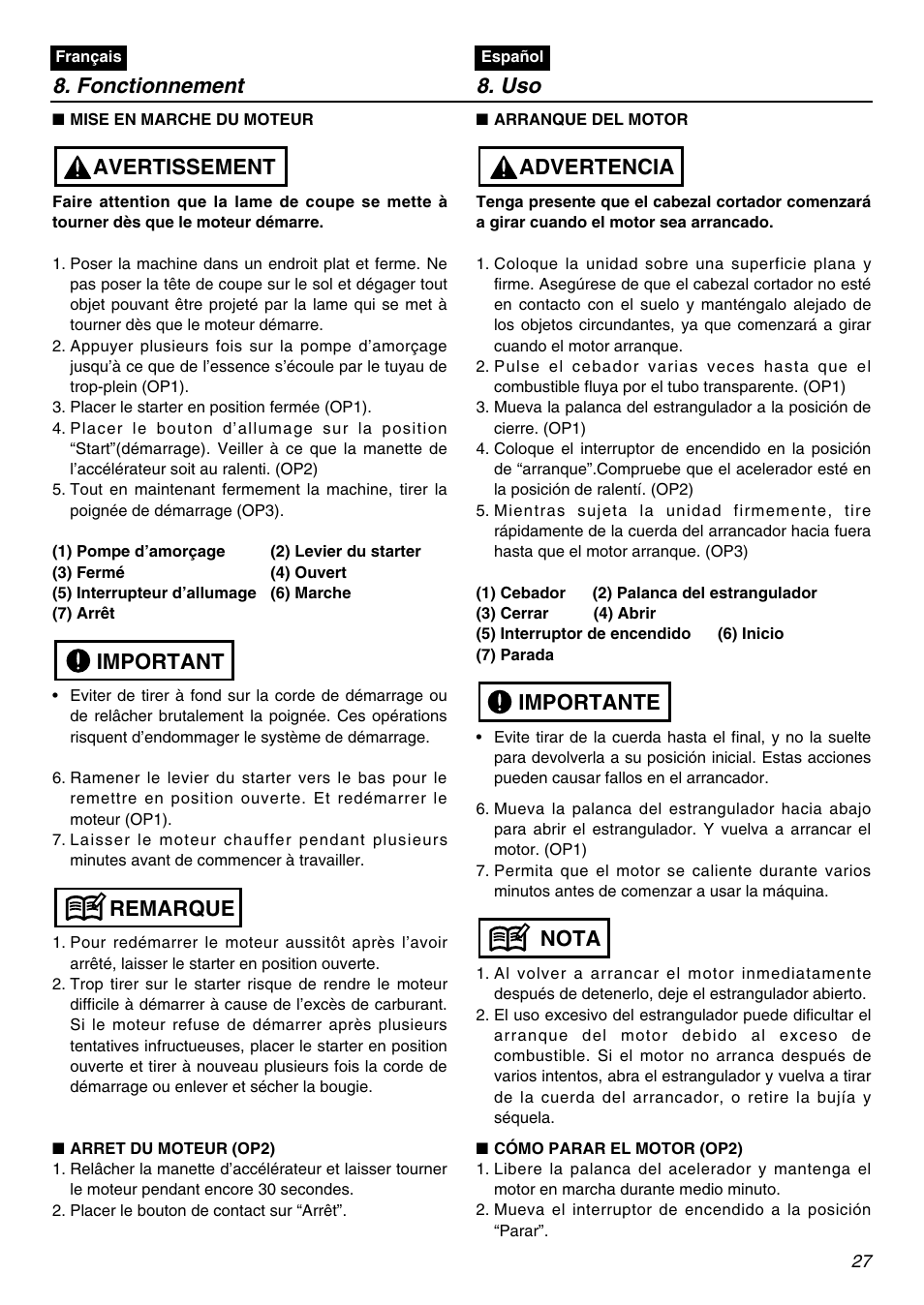 Fonctionnement 8. uso, Remarque important avertissement, Nota importante advertencia | RedMax TR2301S User Manual | Page 27 / 64