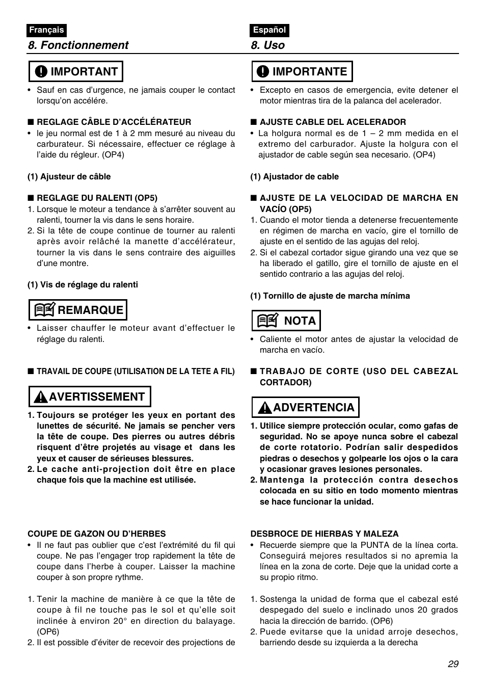 Fonctionnement 8. uso, Avertissement remarque important, Advertencia nota importante | RedMax TR2301S User Manual | Page 29 / 64