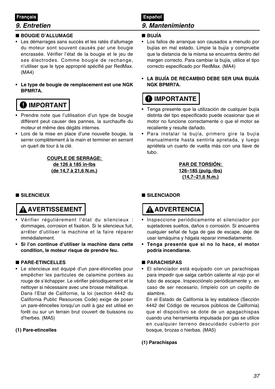 Entretien 9. mantenimiento, Avertissement important, Advertencia importante | RedMax TR2301S User Manual | Page 37 / 64