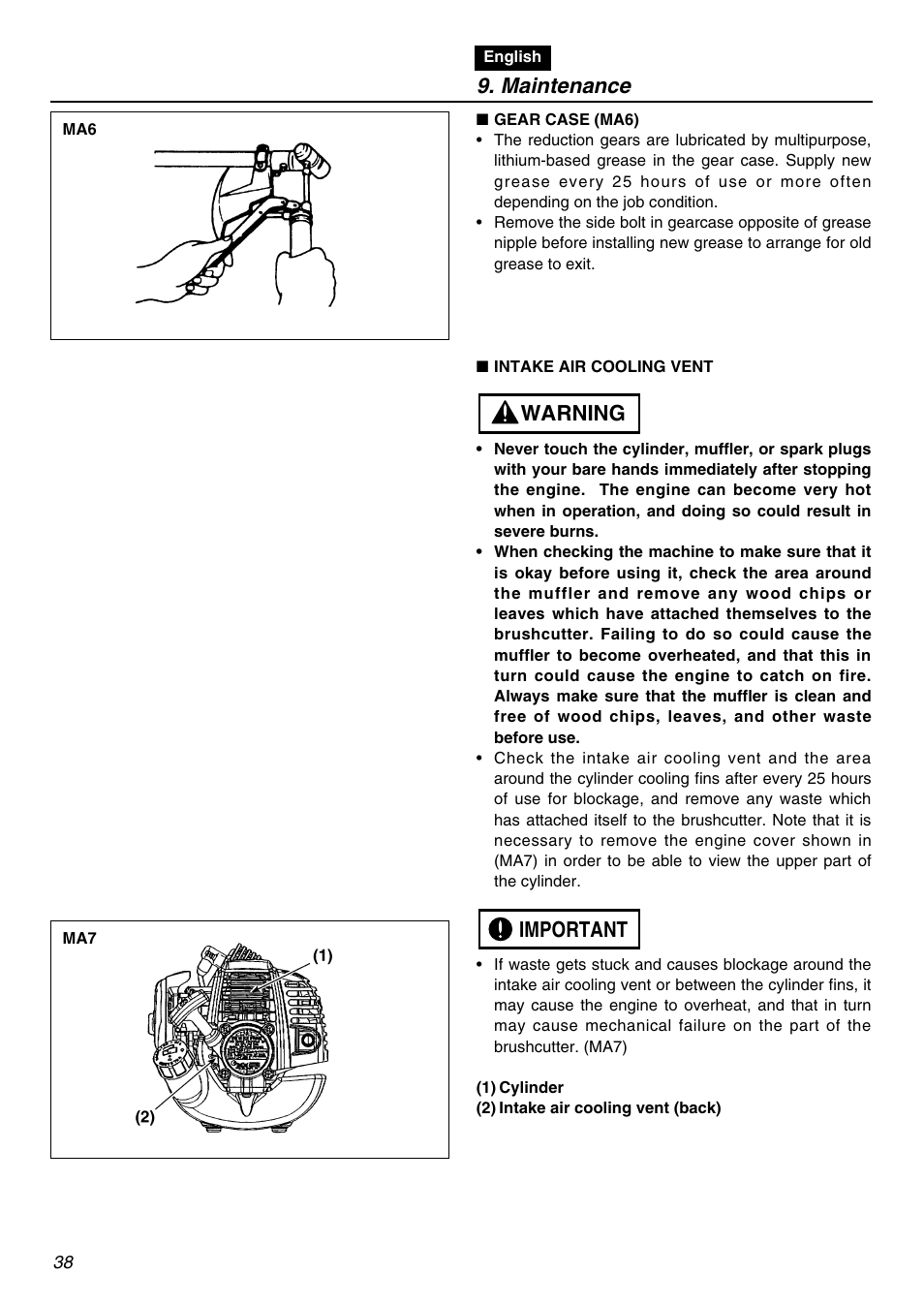 Maintenance, Important warning | RedMax TR2301S User Manual | Page 38 / 64