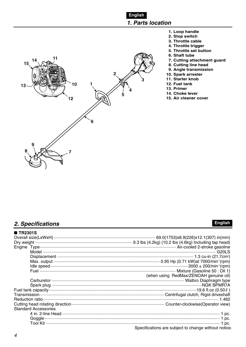 Parts location, Specifications | RedMax TR2301S User Manual | Page 4 / 64