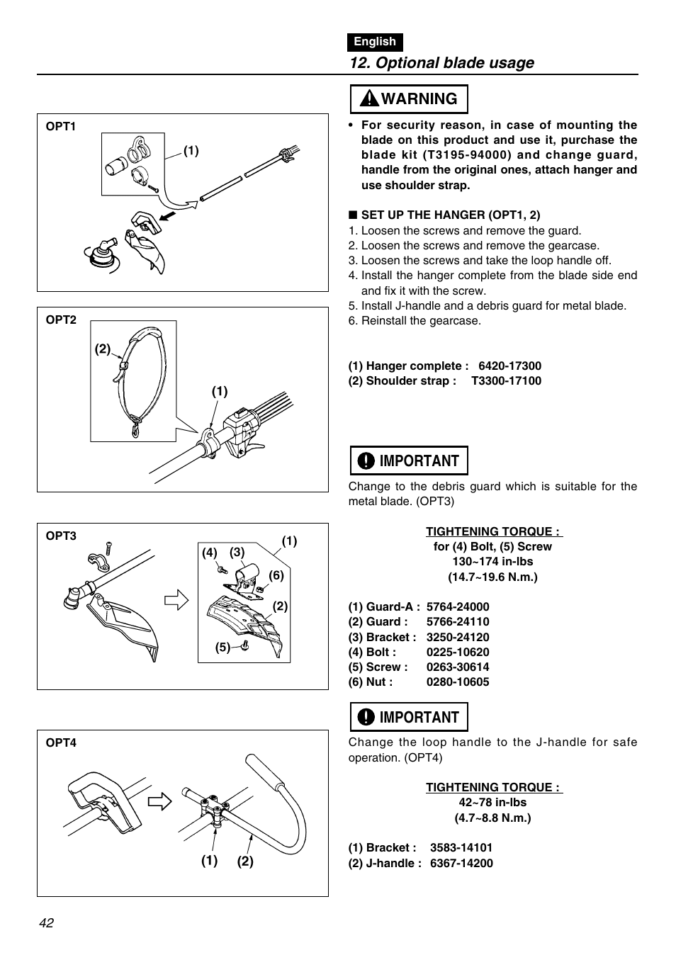 Optional blade usage, Important, Important warning | RedMax TR2301S User Manual | Page 42 / 64