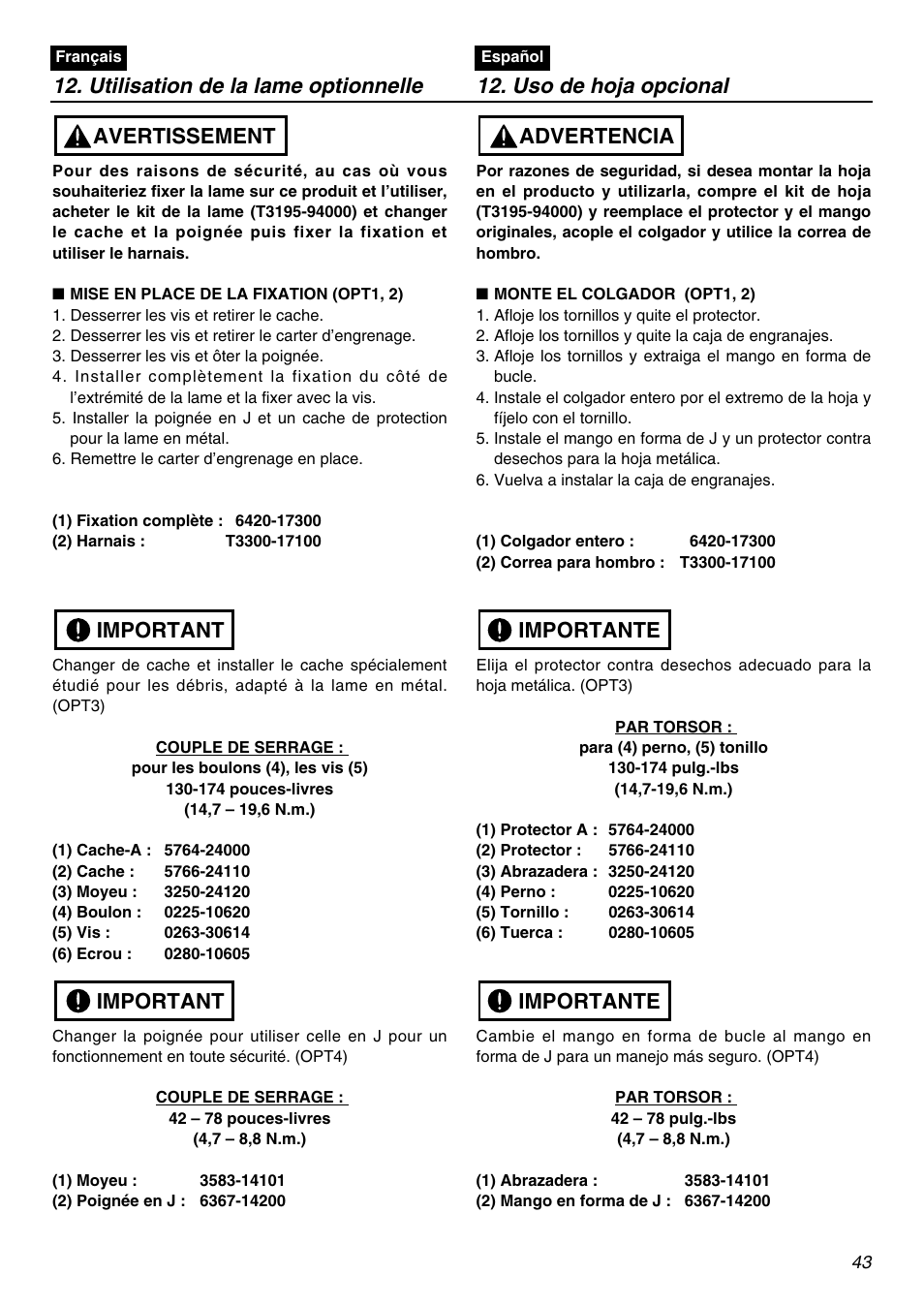 Important, Important avertissement, Importante | Importante advertencia | RedMax TR2301S User Manual | Page 43 / 64