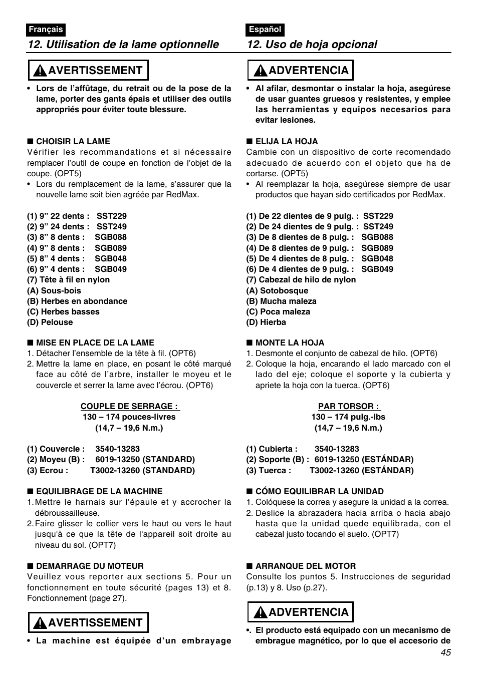 Avertissement, Advertencia | RedMax TR2301S User Manual | Page 45 / 64