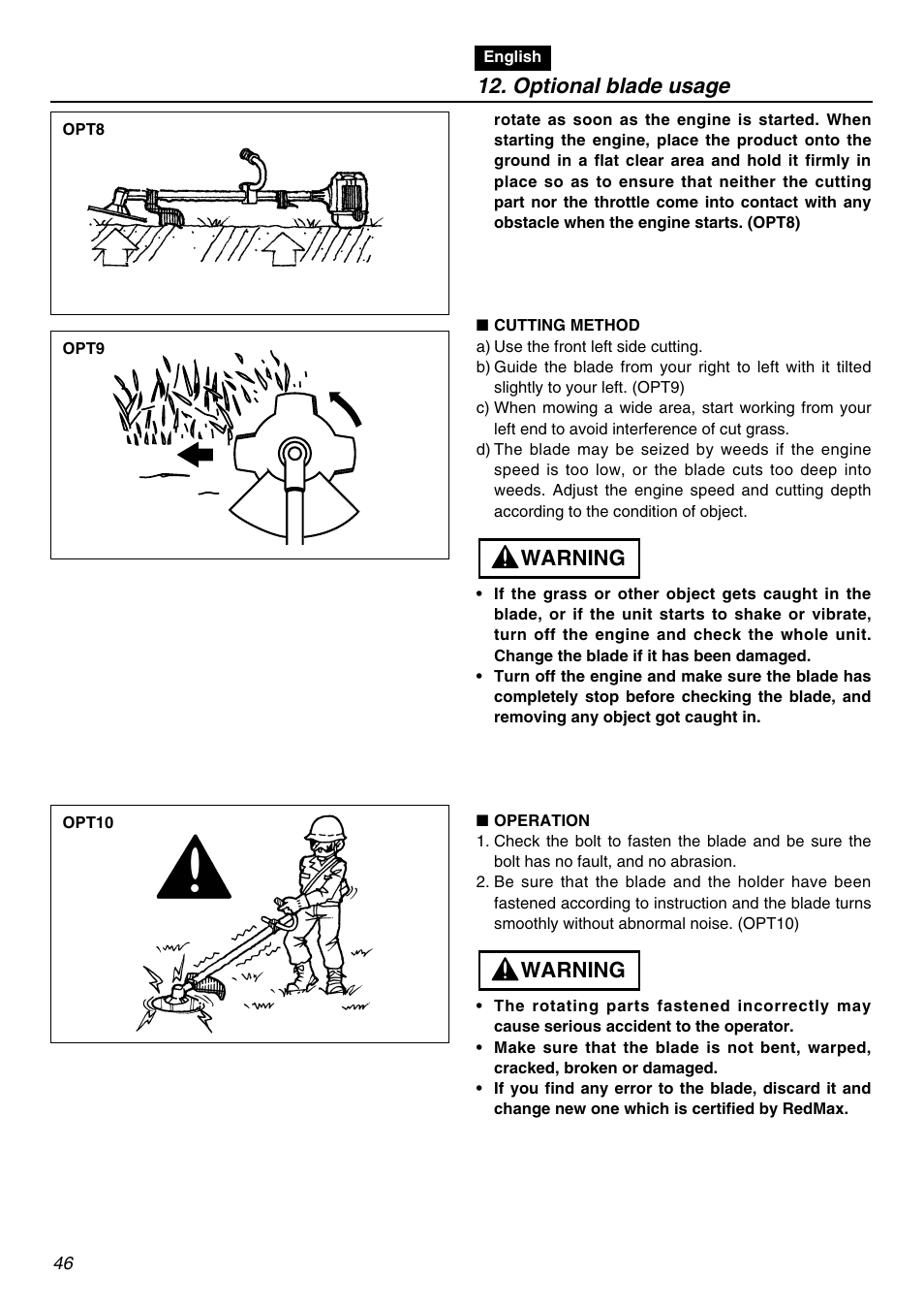 Optional blade usage, Warning | RedMax TR2301S User Manual | Page 46 / 64