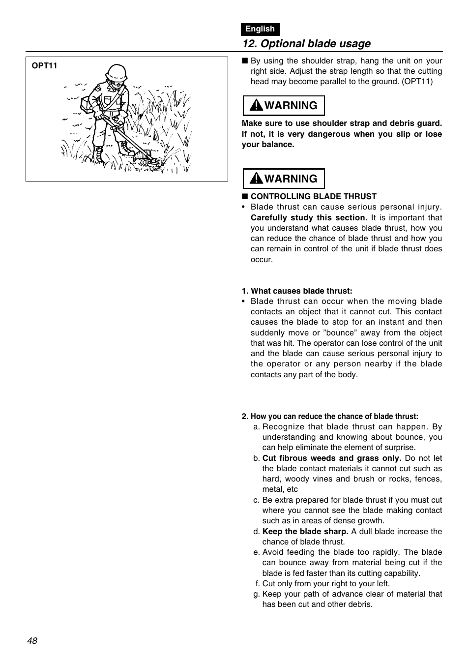 Optional blade usage, Warning | RedMax TR2301S User Manual | Page 48 / 64