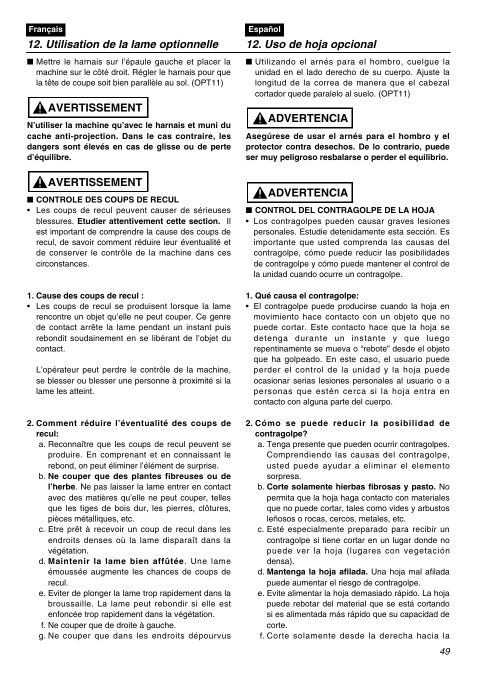 Avertissement, Advertencia | RedMax TR2301S User Manual | Page 49 / 64
