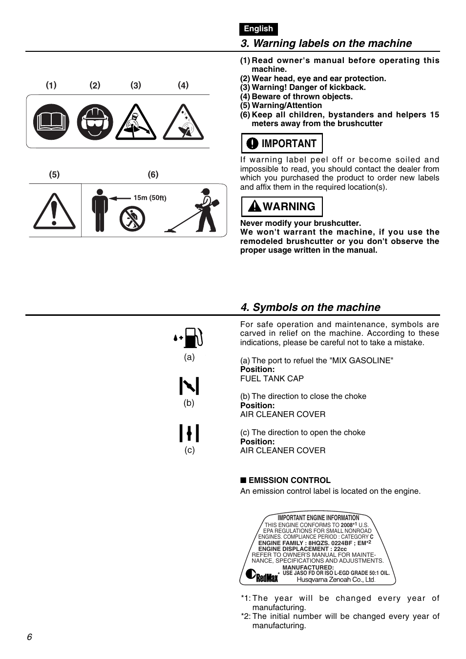 Warning labels on the machine, Warning important 4. symbols on the machine | RedMax TR2301S User Manual | Page 6 / 64