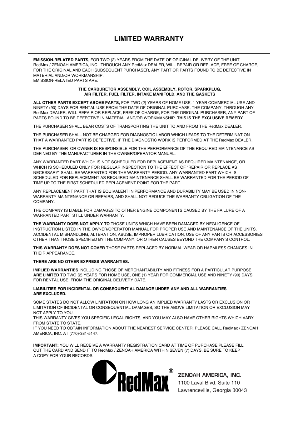Limited warranty | RedMax TR2301S User Manual | Page 60 / 64