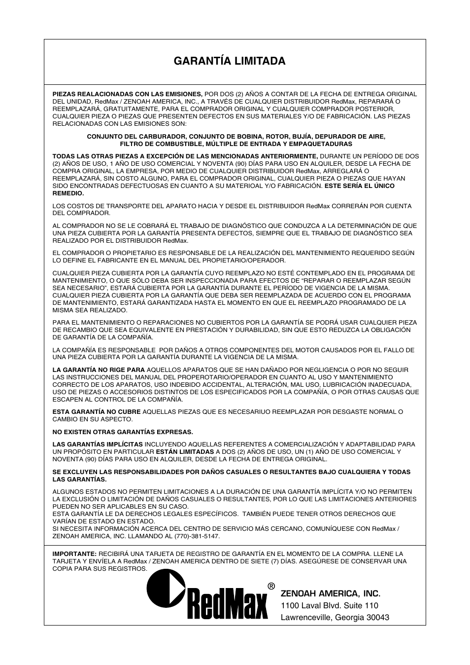 Garantía limitada | RedMax TR2301S User Manual | Page 62 / 64