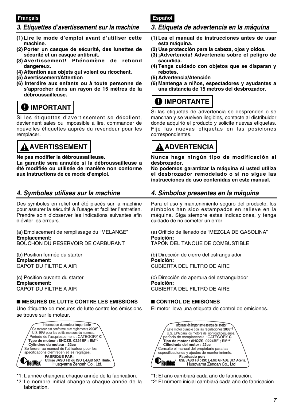 Avertissement important, Advertencia importante | RedMax TR2301S User Manual | Page 7 / 64