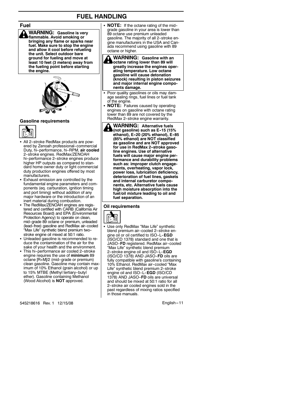Fuel handling, Fuel, Warning | RedMax HB280 User Manual | Page 11 / 76
