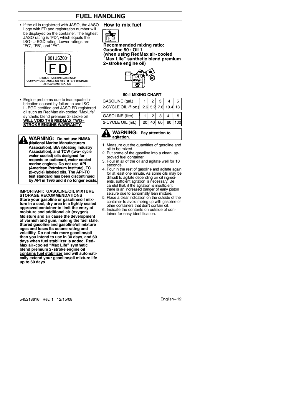Fuel handling, How to mix fuel, Warning | RedMax HB280 User Manual | Page 12 / 76