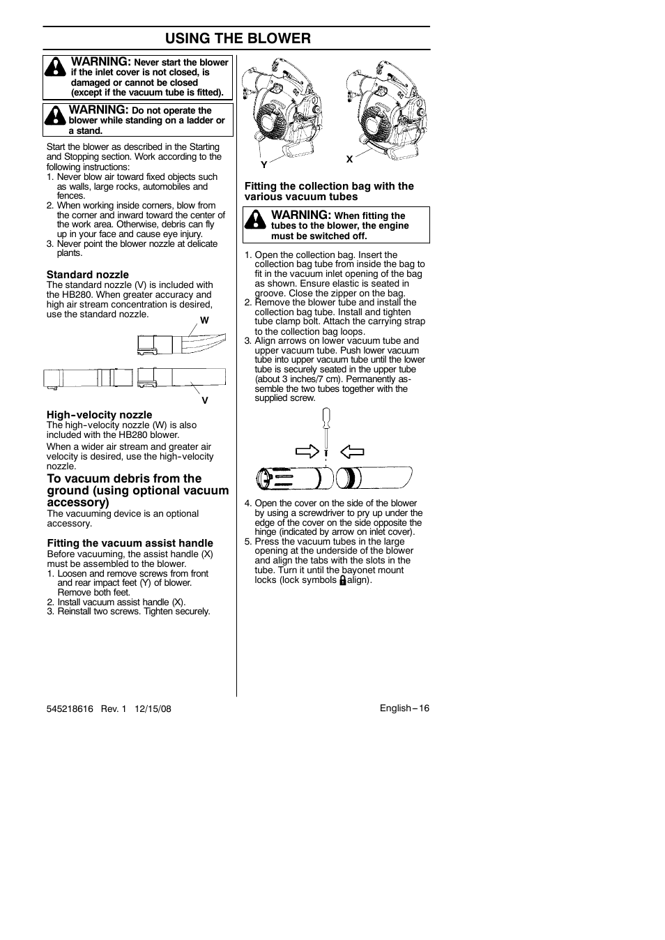 Using the blower, Warning | RedMax HB280 User Manual | Page 16 / 76