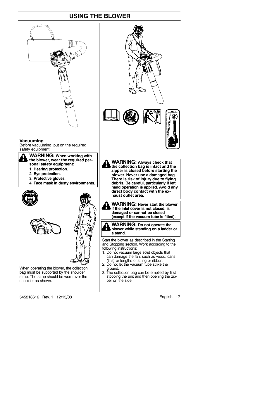 Using the blower, Warning | RedMax HB280 User Manual | Page 17 / 76