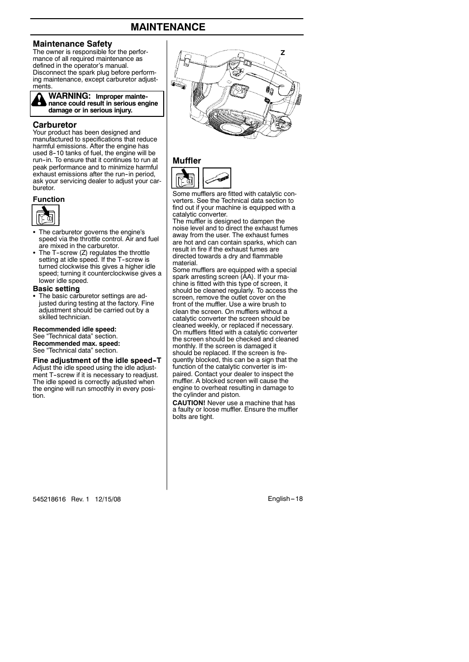 Maintenance, Muffler, Carburetor | Maintenance safety, Warning | RedMax HB280 User Manual | Page 18 / 76