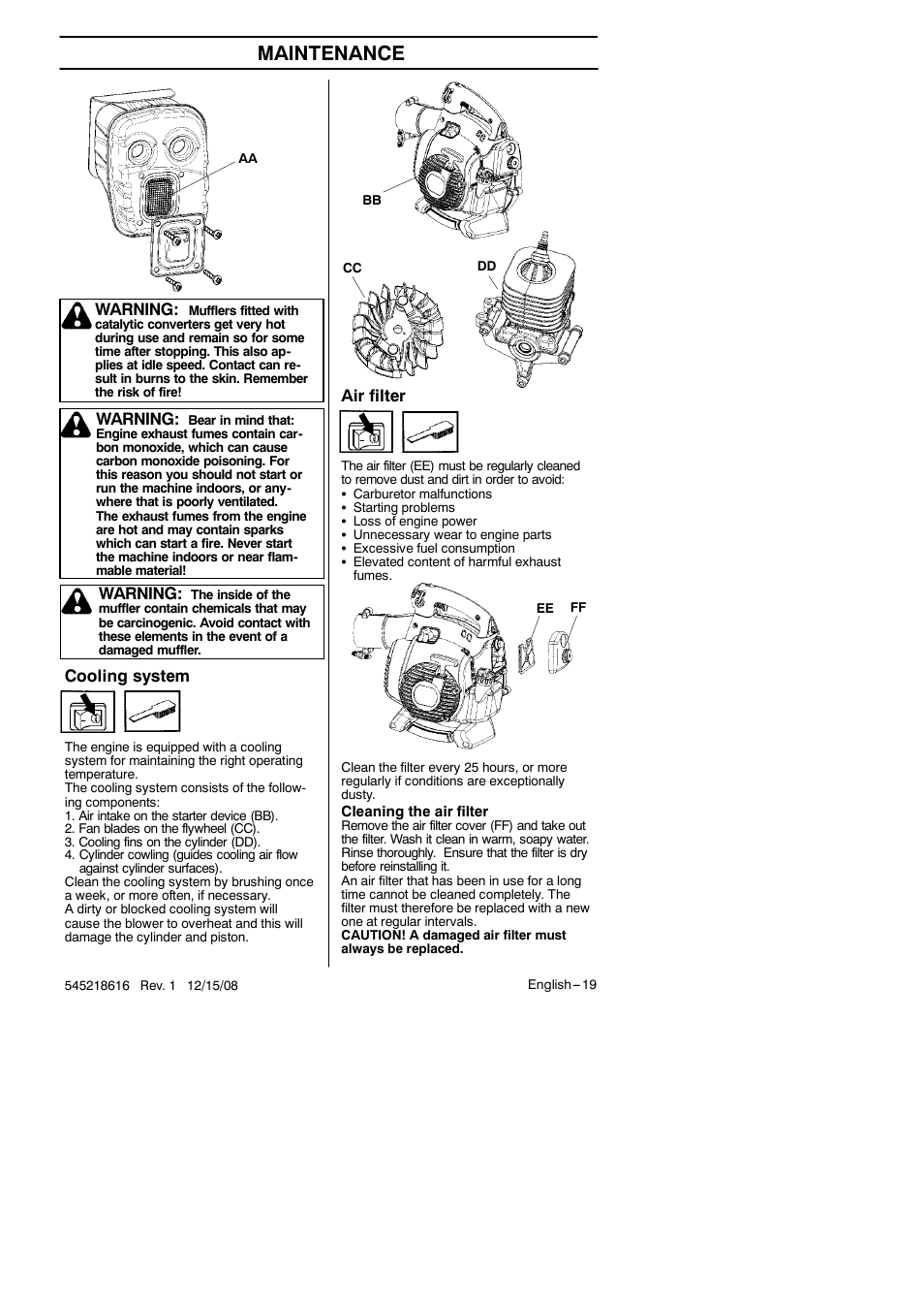 Maintenance, Air filter, Cooling system | Warning | RedMax HB280 User Manual | Page 19 / 76