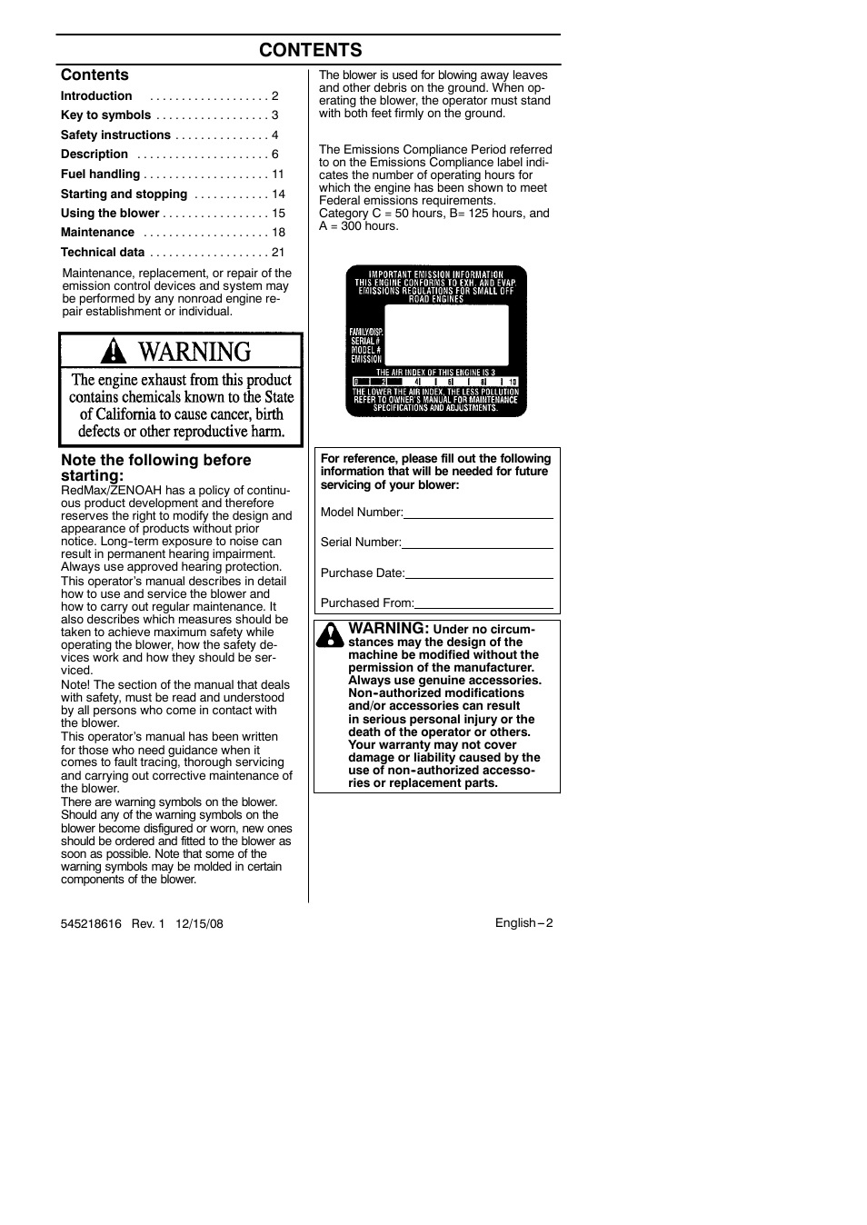 RedMax HB280 User Manual | Page 2 / 76
