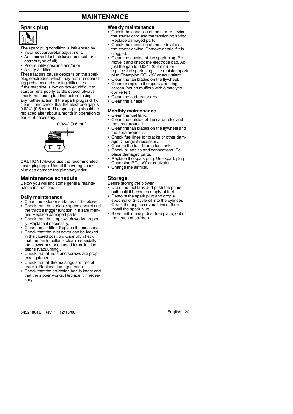 Maintenance, Spark plug, Maintenance schedule | Storage | RedMax HB280 User Manual | Page 20 / 76