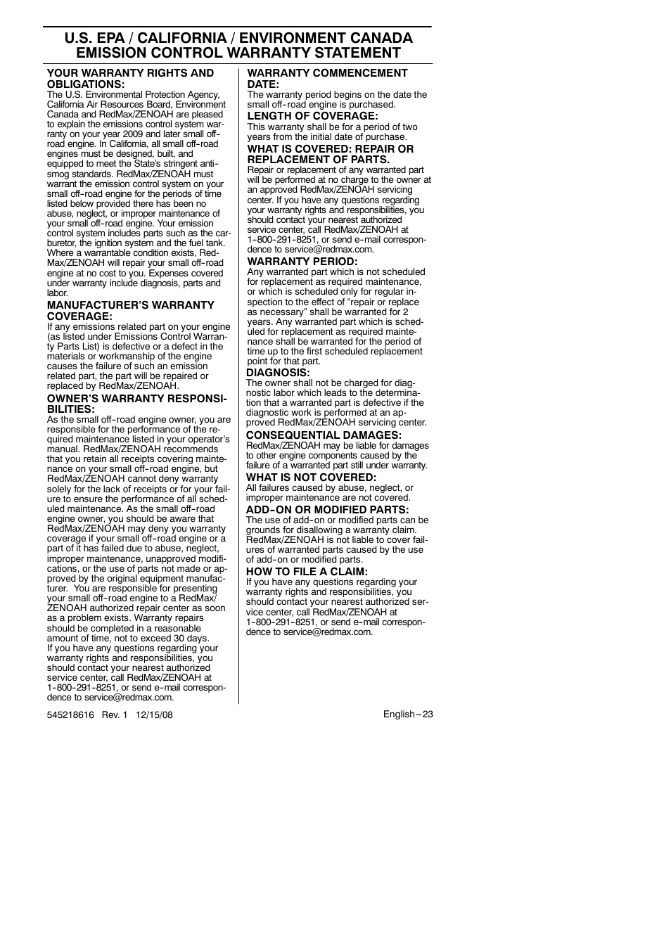 RedMax HB280 User Manual | Page 23 / 76