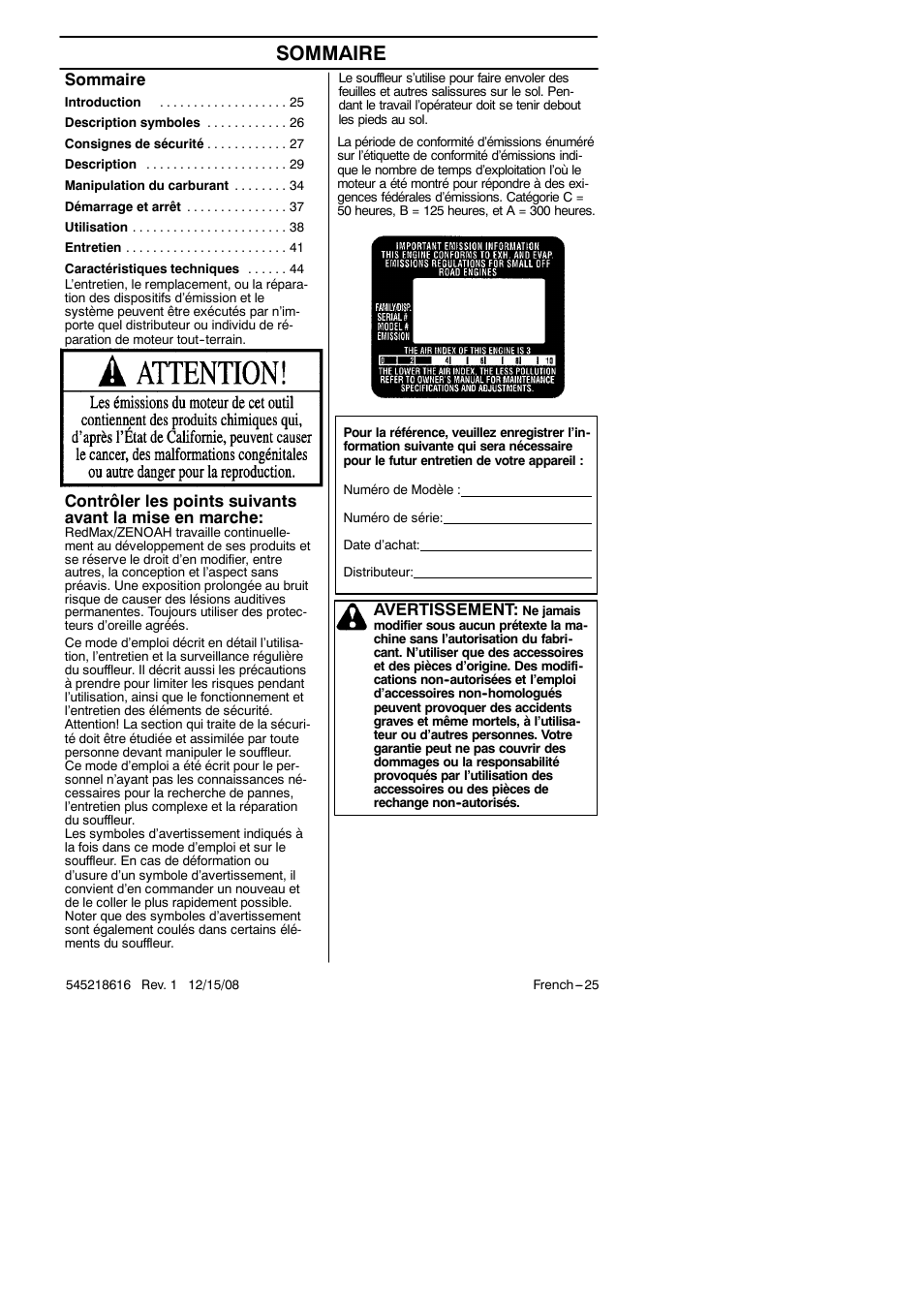Sommaire, Avertissement | RedMax HB280 User Manual | Page 25 / 76