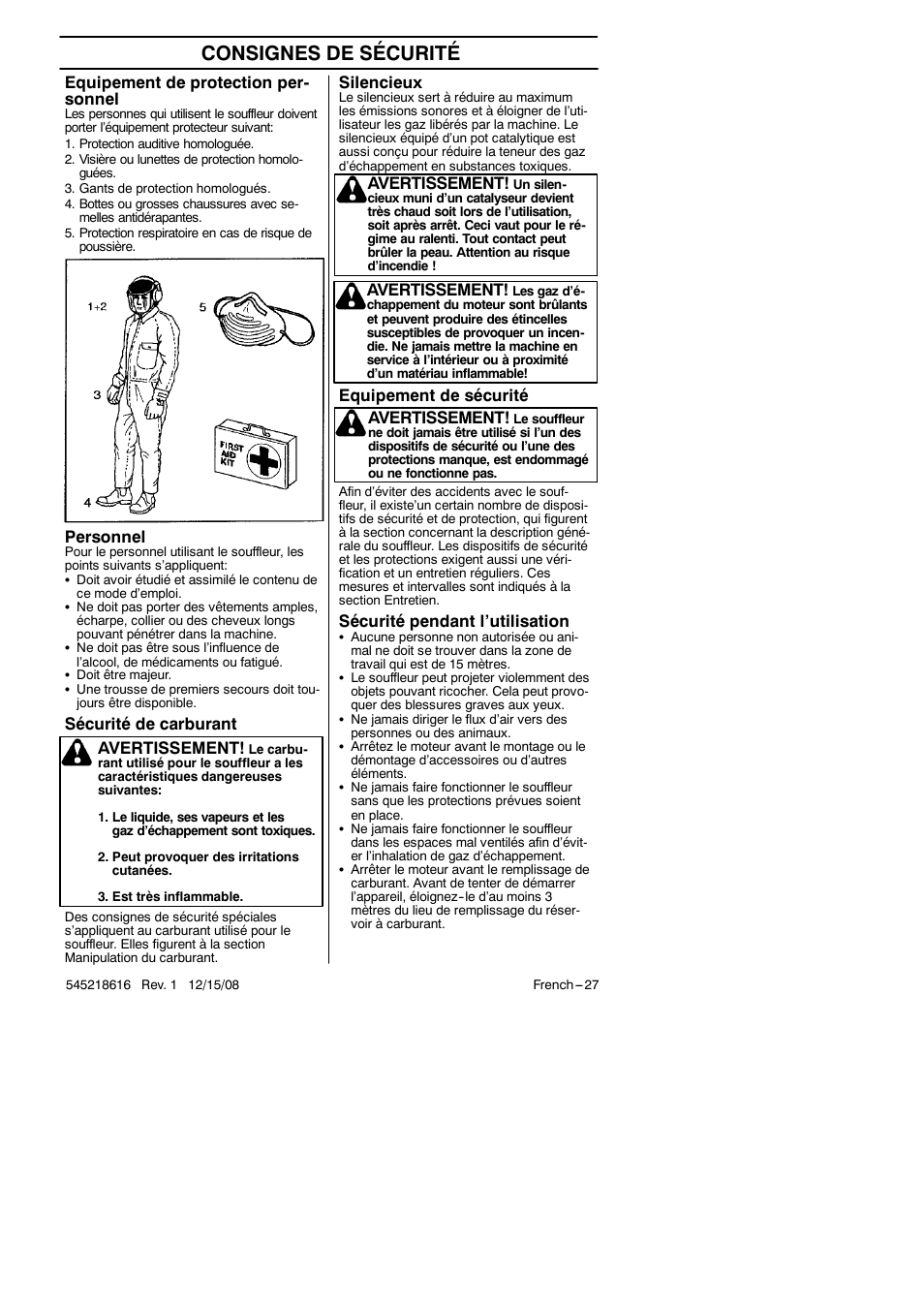 Consignes de sécurité, Silencieux, Equipement de sécurité | Sécurité pendant l’utilisation, Equipement de protection per- sonnel, Personnel, Sécurité de carburant, Avertissement | RedMax HB280 User Manual | Page 27 / 76