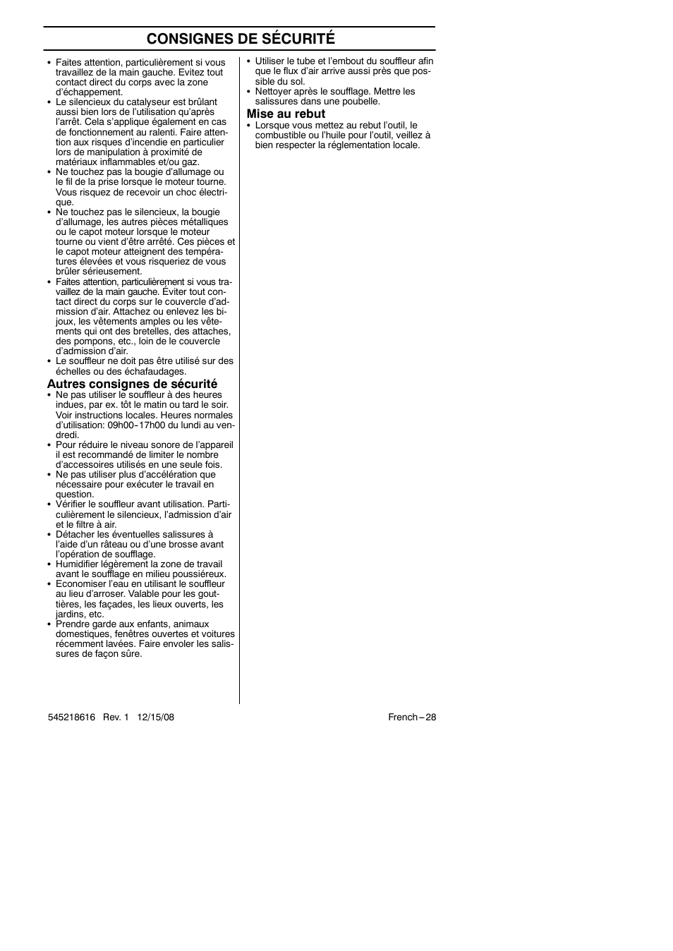 Consignes de sécurité, Autres consignes de sécurité, Mise au rebut | RedMax HB280 User Manual | Page 28 / 76
